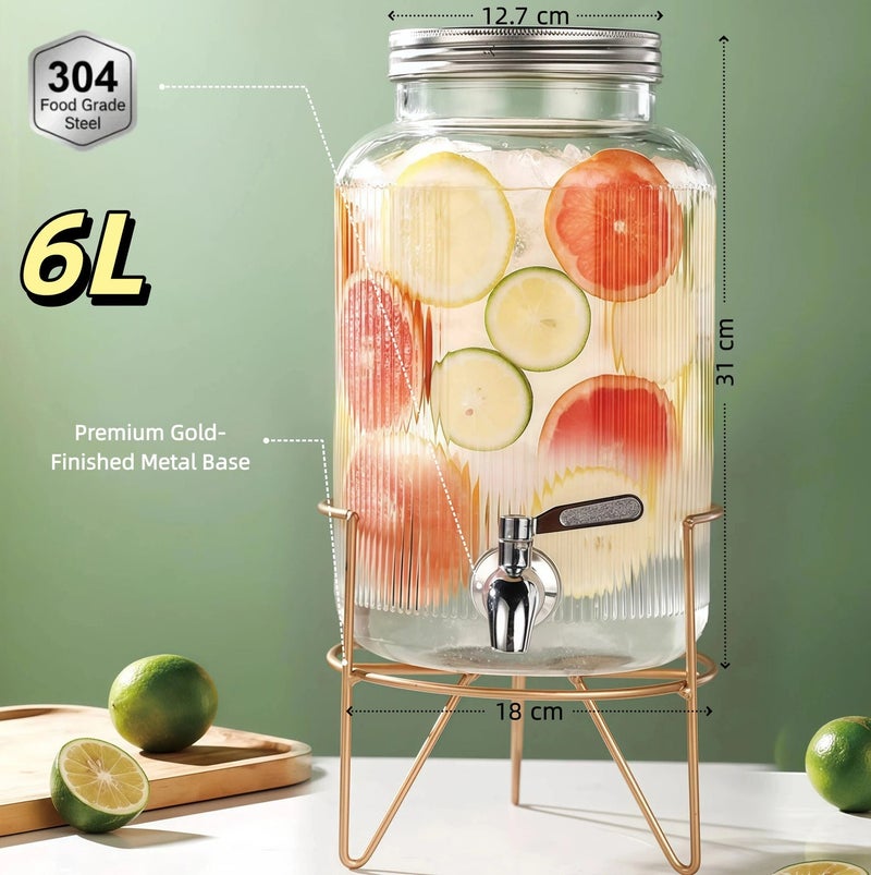 6L Ribbed Glass Drink Dispenser with 304 Stainless Steel Spigot & Gold Stand - Leak-Proof Beverage Jar for Party - Image 2